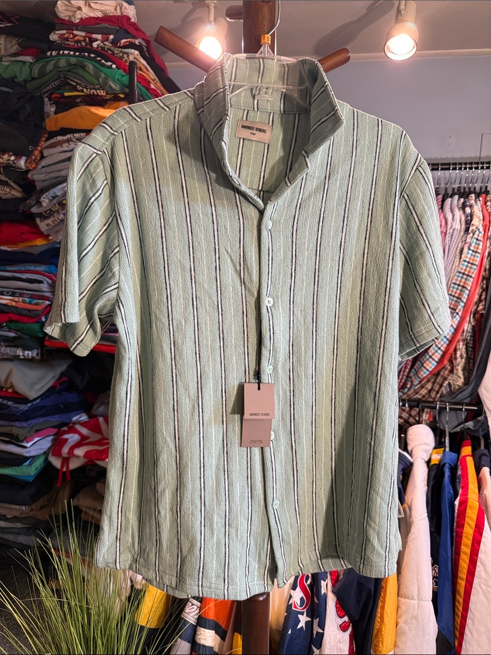 Mango Man Green Striped Short-Sleeve Button-Down Shirt